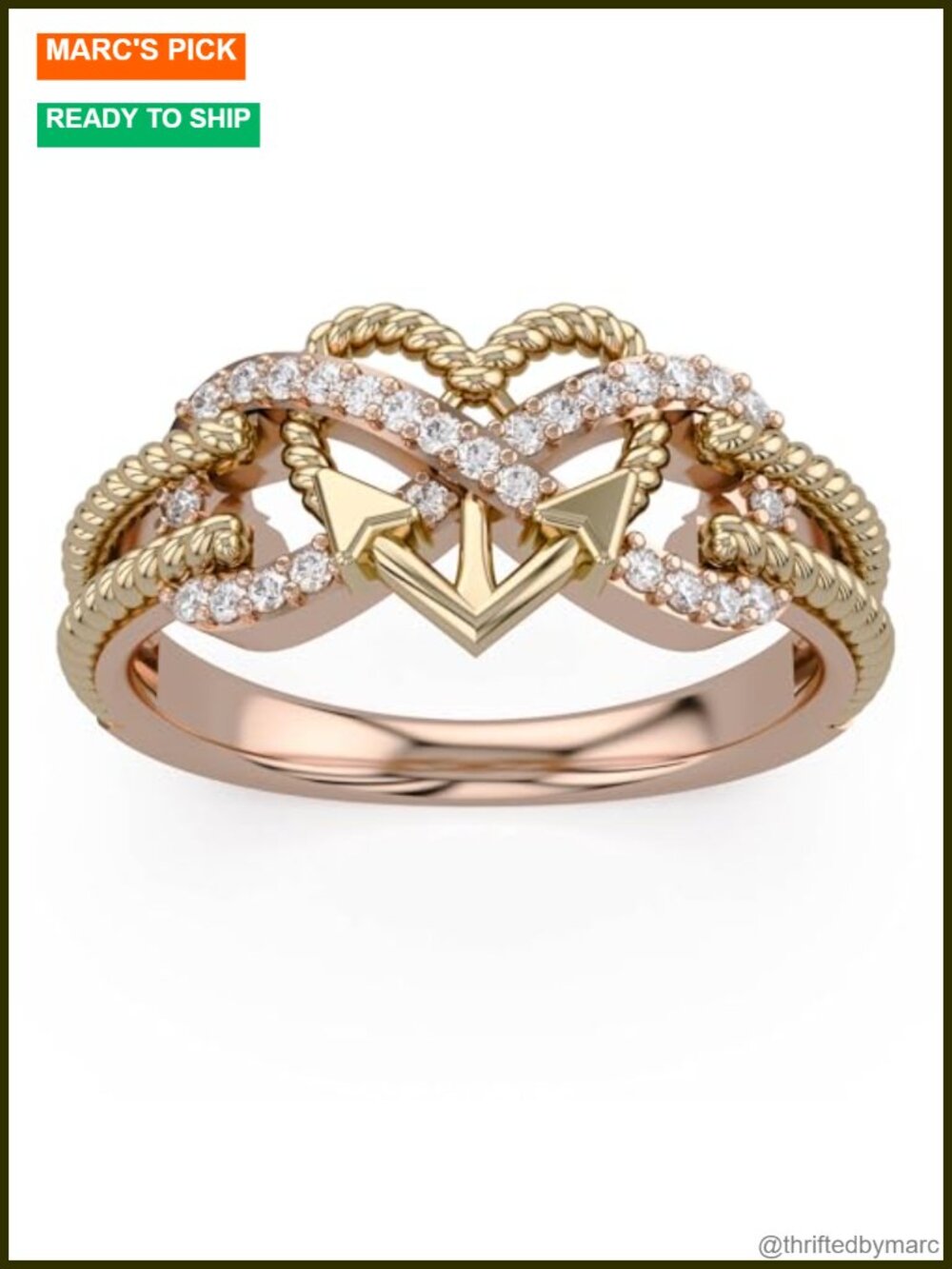 Infinity Heart Anchor Rope Promise Ring 925 Sterling Silver 14K Rose Gold